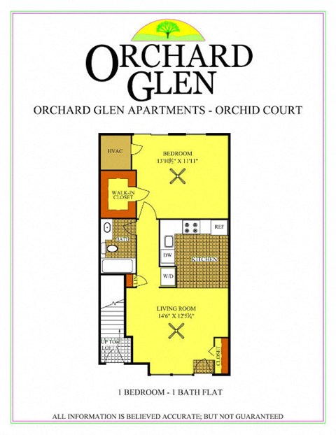 floor plan, 1-bedroom, 1 bathroom, 1st-level lower level, ground level one bedroom flat apartment with kitchen living room bedroom bathroom orchard glen apartments